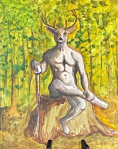 “Deer God” in progress 11x14, Acrylic on Canvas, ~currently unavailable ~